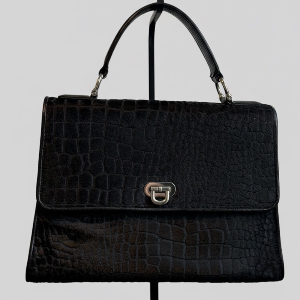 Talbots Black Calf Hair Croc Embossed Top Handle Satchel Push Lock Closure
